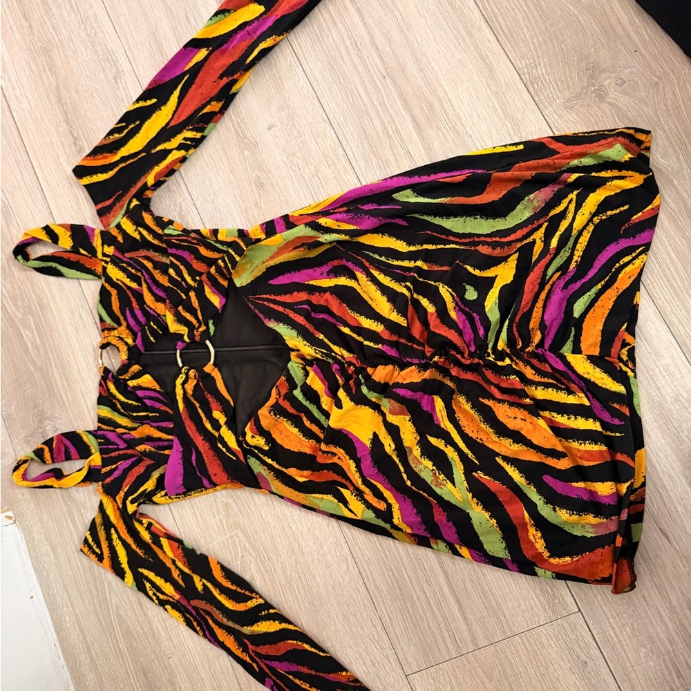 DUNDAS Black Mini Dress with Neon Zebra Accent